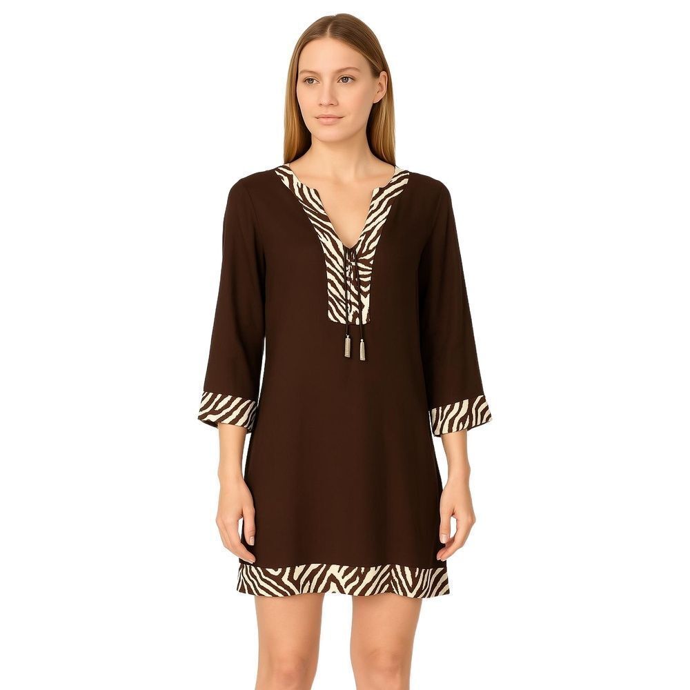 Hermanny Brown Zebra Print Trim Boho Resort Swim Beach Cover-up Womens Small